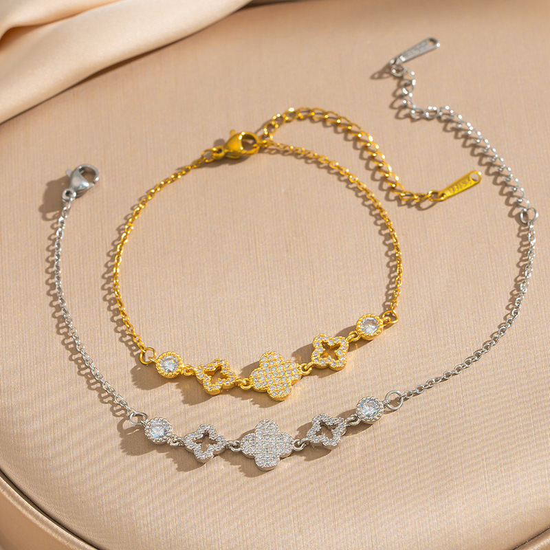 Micro-Paved Zircon Four-Leaf Clover Bracelet, Light Luxury and High-End Gift, Cross-Border European and American Fashion Full-Diamond Girl's Bracelet