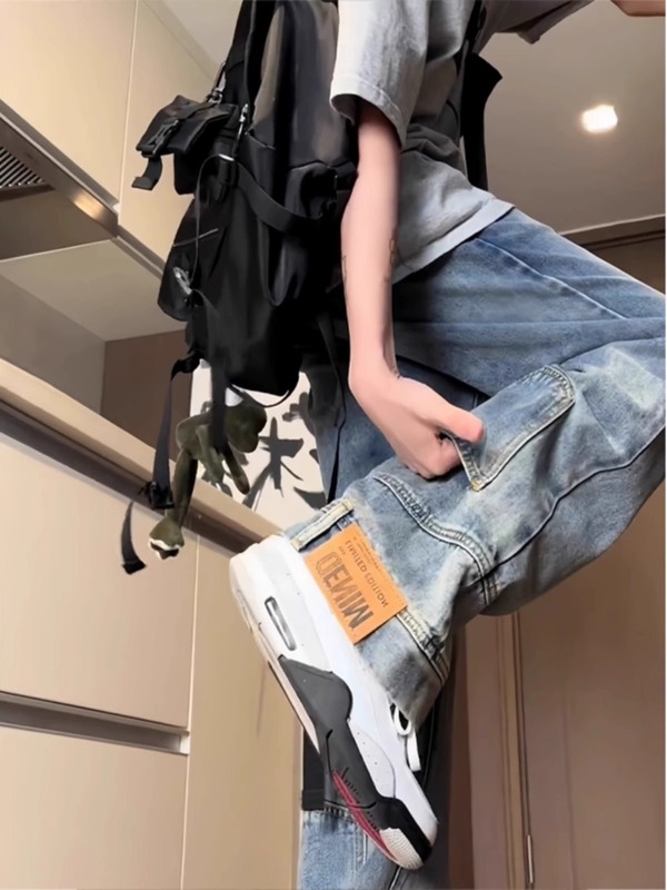 男性用アンダーワンウェイフリルジーンズ 190cm背の高い男性用エクストラロングパンツ アメリカンハイストリートバイブストレートジーンズ|undefined