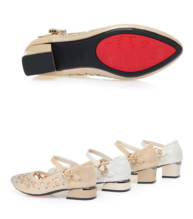 Sandal nữ da thật lưới hở mũi gót trung 4,5 cm đế mềm thoáng khí — Vàng【Gót trung 4.5cm】 chi tiết 13