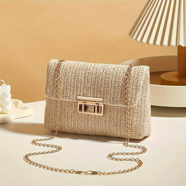 Bolsos de hombro de moda de paja de doble cerradura de viento dulce 2024 verano nueva moda versátil cadena de transporte de viaje bolsa de mochila image 7