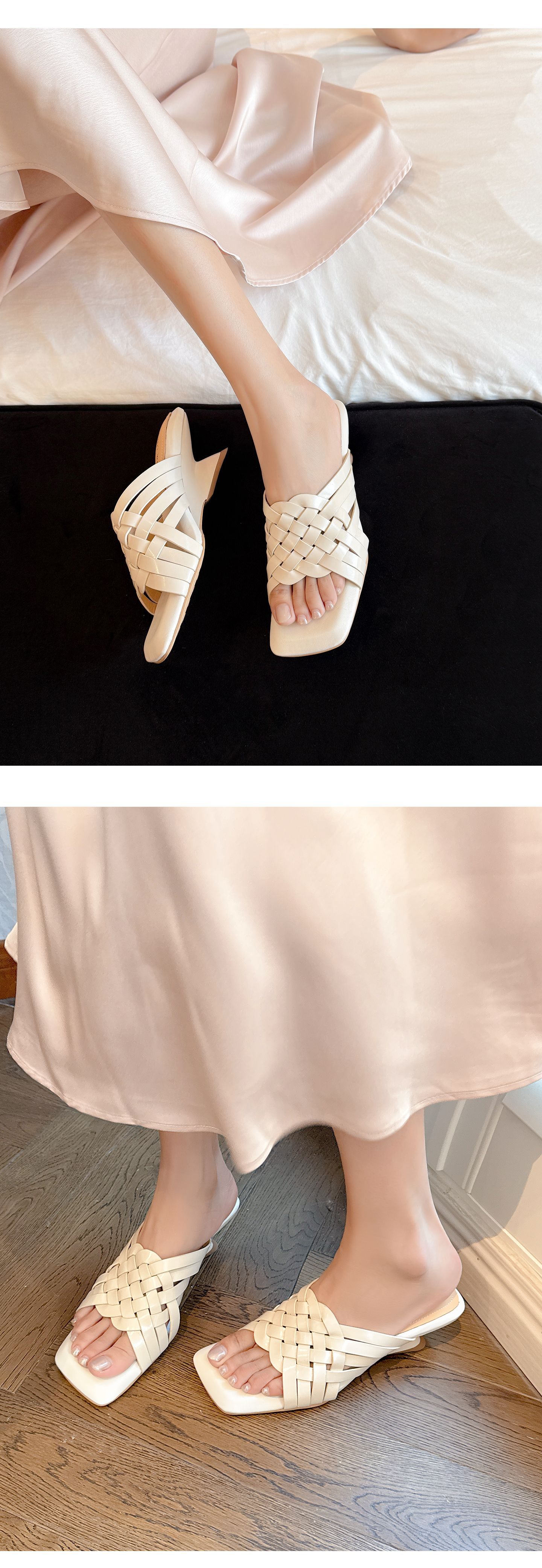 Sandal cao gót nữ mũi vuông đan chéo, gót xuồng 9 cm — Trần truồng hồng, màu đen, màu trắng ngà, bạc chi tiết 21