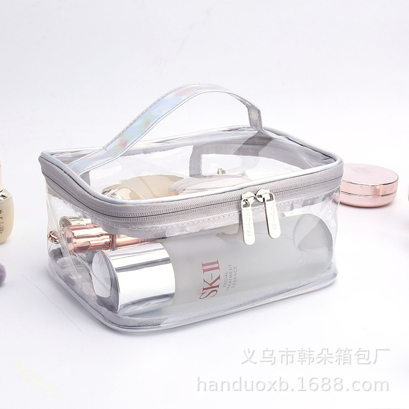 Double layer laser colorful Pu cosmetic bag PVC transparent waterproof wash bag handbag printed logo