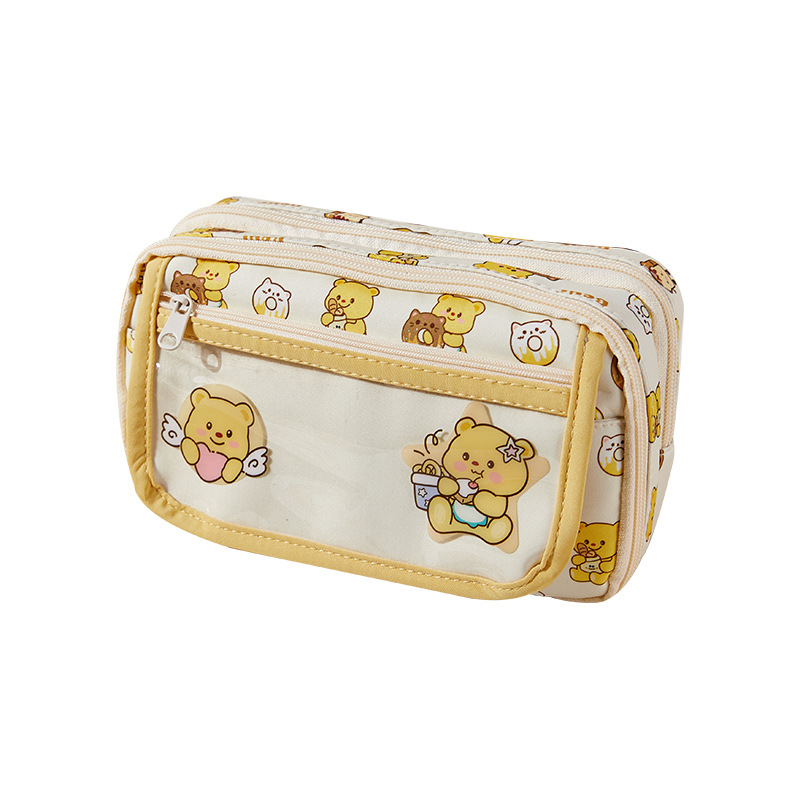 Nuevo oso de queso, estuche para lápices de gran capacidad, almacenamiento multicapa, bolso de dolor sándwich transparente, lindo estuche para lápices para estudiantes de escuela primaria
