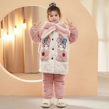 2023年新款儿童冬季珊瑚绒童装秋冬季加厚加绒三层夹棉家居服套装