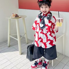 Summer new children's shirt with personality, cute cartoon rabbit, short-sleeved, versatile and trendy Korean style shirt without tie