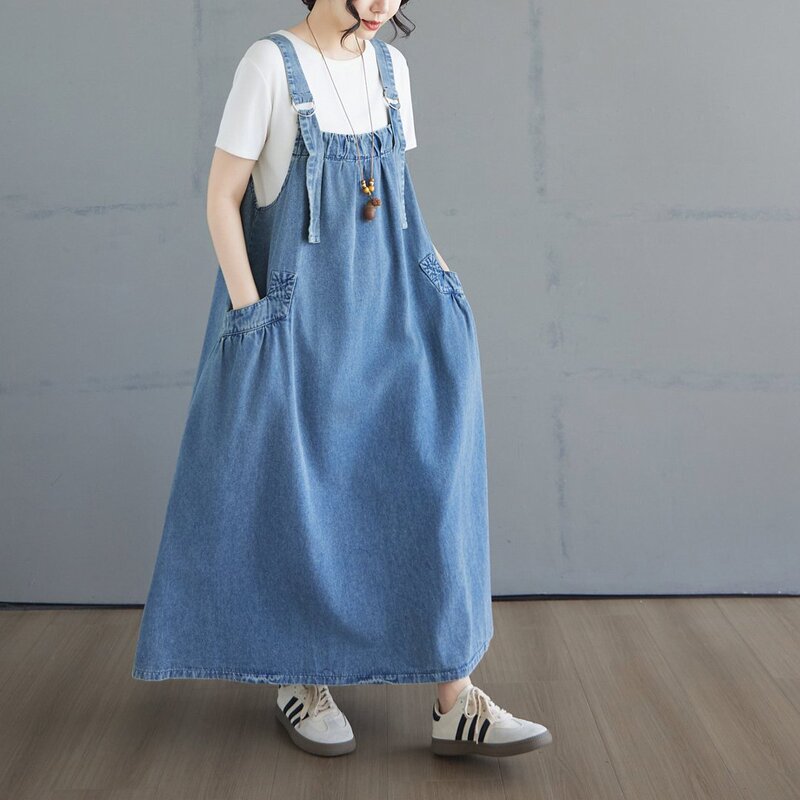 Spring, Summer and Autumn Long Skirts, Retro Loose Slimming Denim Suspender Skirts, Long Skirts with Large Hems