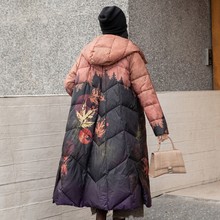民族风羽绒服女复古中长款过膝印花盘扣白鸭绒2024年新款冬装连帽