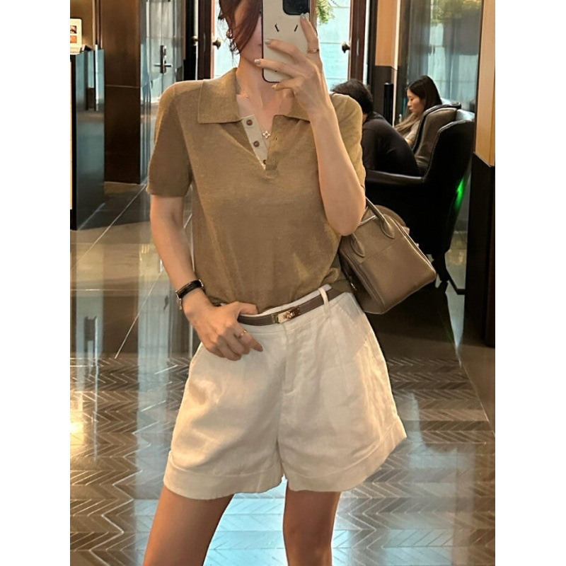 Minimalist Old Money Style Linen Mid-High Waist Shorts for Women, 30% Linen 70% Tencel, High-Waisted Straight Loose Wide-Leg Casual Pants