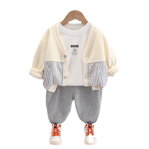 New autumn clothing for children and middle-aged children, casual bottoming T-shirts, spliced ​​sleeves, sports autumn long-sleeved trousers, fashionable three-piece set