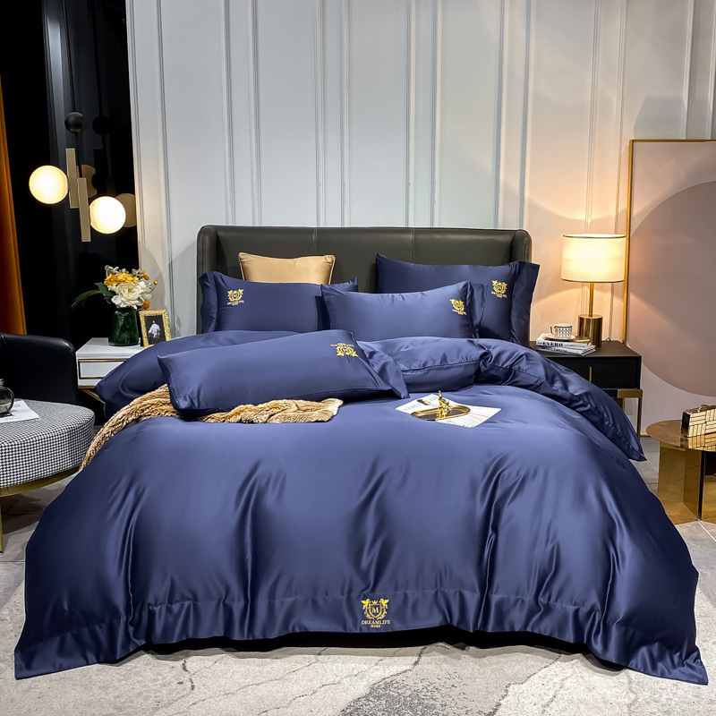 夏季微商水洗絲純色60S繡花四件套 簡約純色刺繡床上用品壹件代發