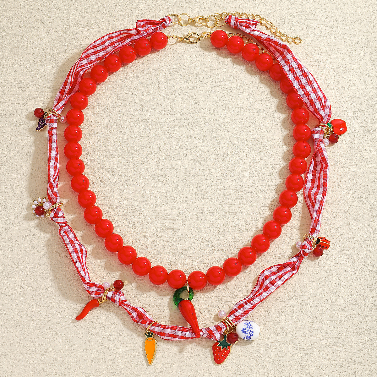 Alloy, Plastic, Bandana, Cloth Material Cute Modern Style Cherry Fruit Carrot Alloy Plastic Bandana Silk Scarf Cord Beaded Chain Lobster Trigger Clasp Closure Pendant Necklaces Wholesale