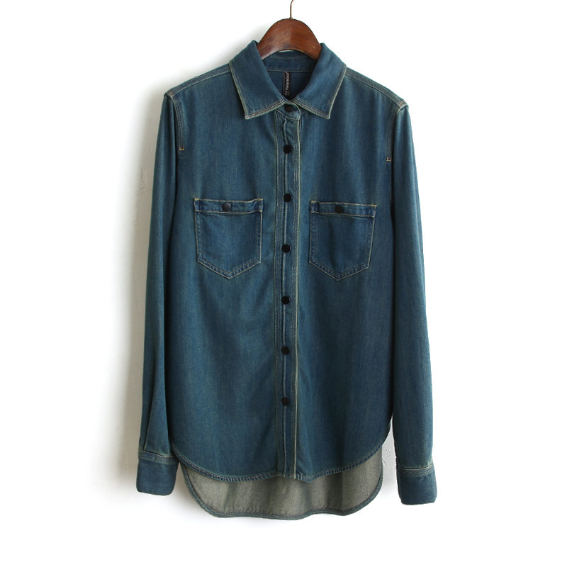 8266 # 2025 Spring New Style Cotton + Acetate Loose Fit Denim Shirt, Short Front Long Back Long Sleeve Shirt for Women