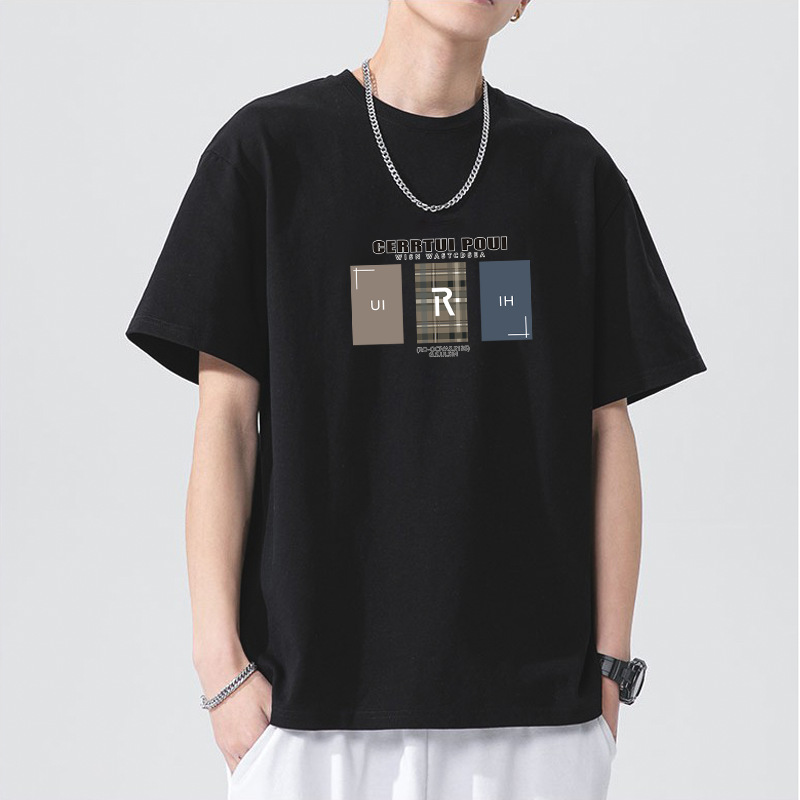 Camiseta de manga corta de los hombres de algodón de manga corta pie 230G pesada suelta marca de moda verano cuello redondo Camiseta de los hombres