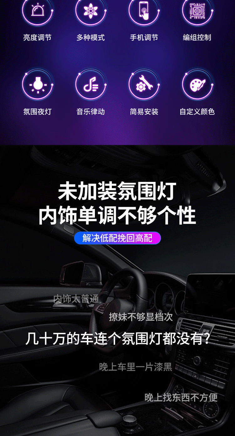 New ambient light for the car, LED colorful interior lighting, USB-powered footwell decorative light, remote control and mobile app control