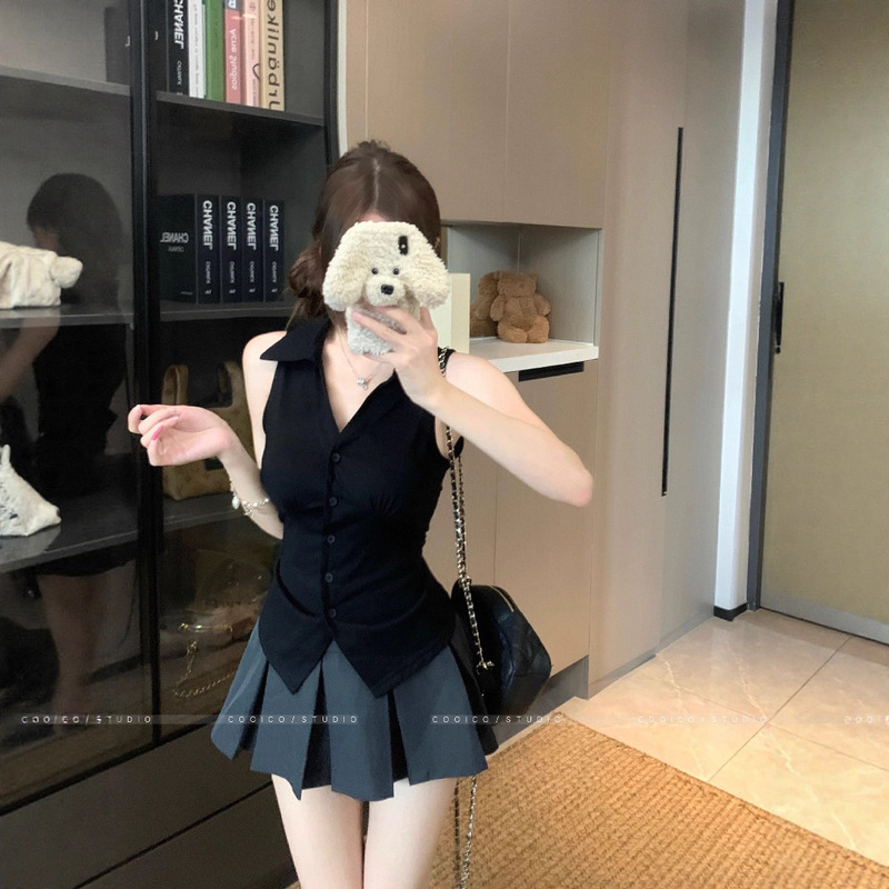 Black Polo Sleeveless T-Shirt Women's Summer Design Waist Hot Girl Chic Unique Short V-Neck Vest Top