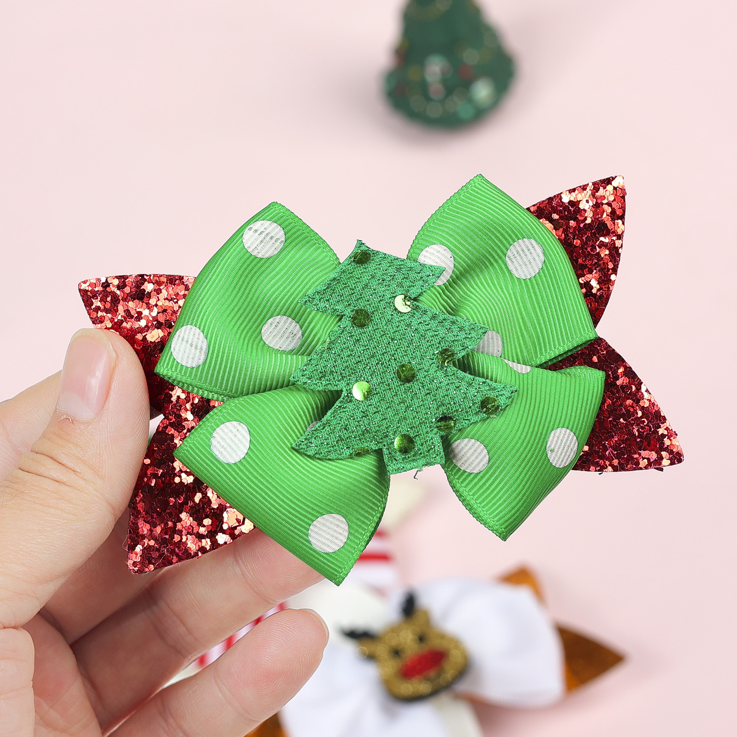 Kid'S Gender Sequins, Bowknot Design Christmas Cute Christmas Tree Snowflake Elk Ribbon Festival Party Supplies Party Accessories Any Match Assortment Pack