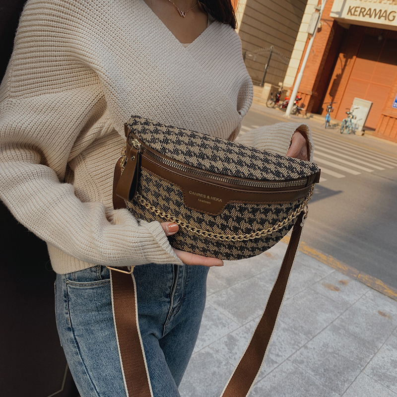 Bolso de pecho de la cintura del color del contraste de la lona de gran capacidad de las mujeres nicho moda houndstooth Leopard Print puesto de recogida de dinero bolsa de mensajero del hombro