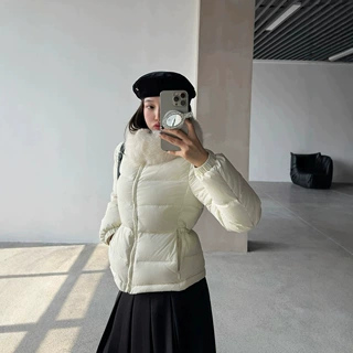 【找工厂】90白鸭绒抽绳收腰毛领羽绒服女冬通勤立领短款保暖外套