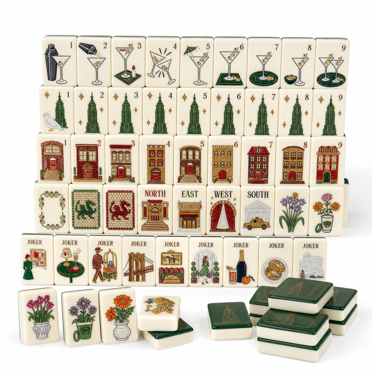 American-style mahjong set with vintage engraving and printing, 160 hand-carved tiles