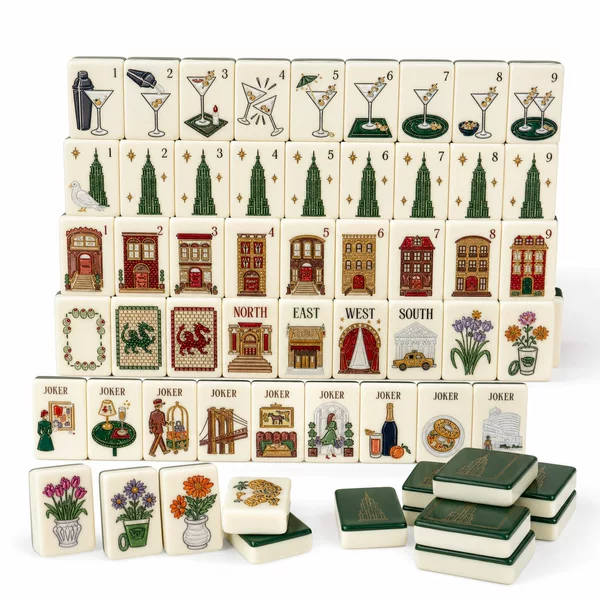 American-style mahjong set with vintage engraving and printing, 160 hand-carved tiles