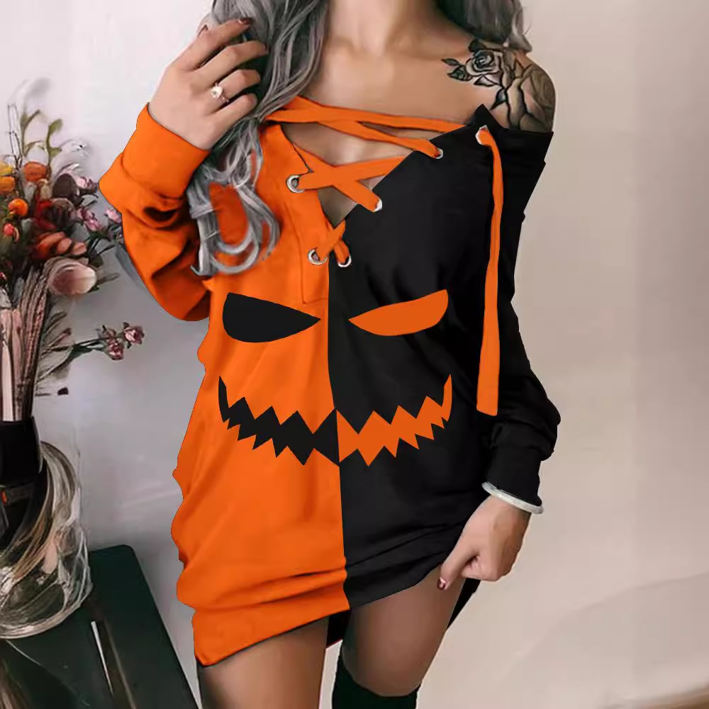 Women's Clothing women's Halloween print contrast color strap sweater dress_voghion.com