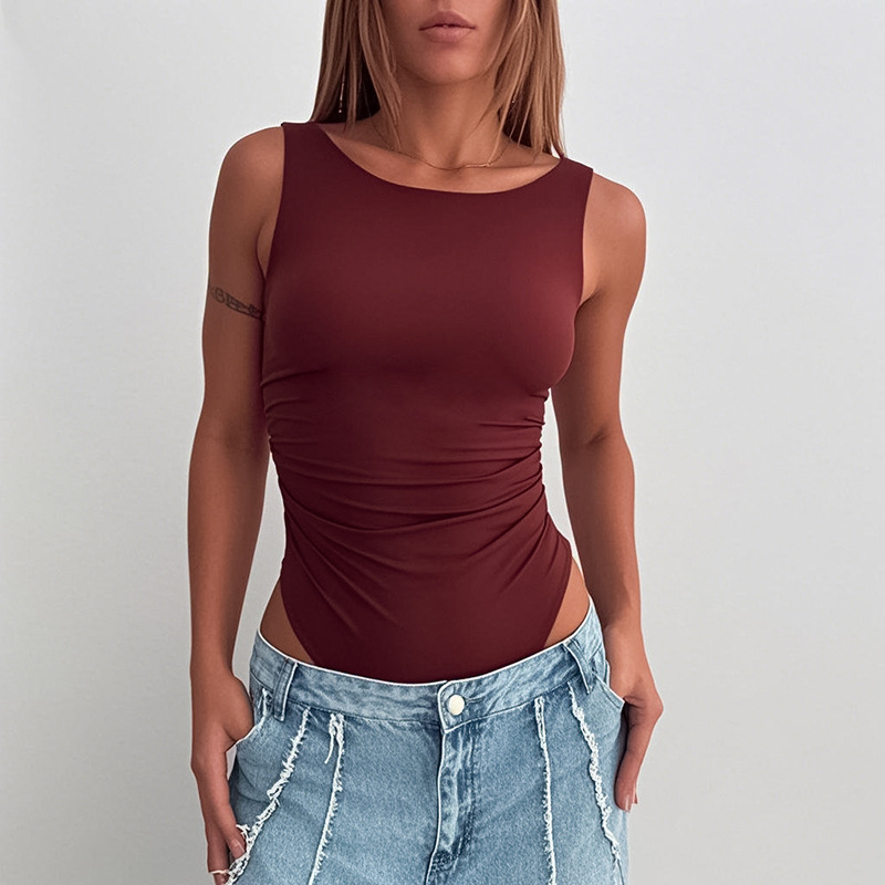 2025 europeo y americano transfronterizo simple calle chica caliente color sólido sexy todo fósforo chaleco delgado sin espalda mono mujer al por mayor