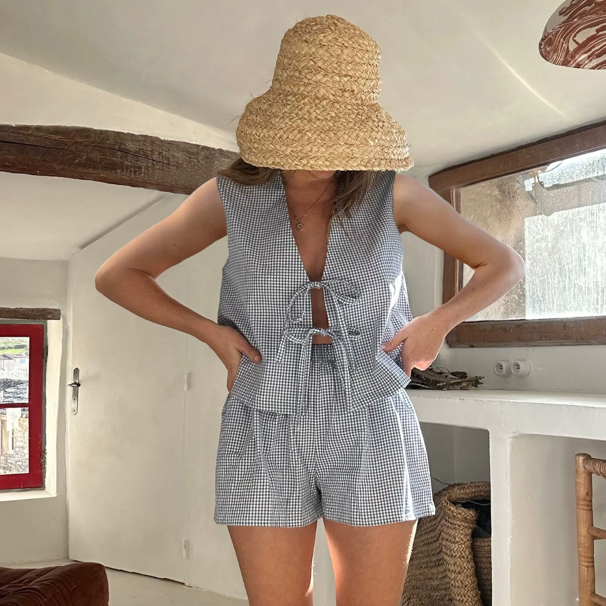 Европейский и американский Amazon новый повседневный клетчатый женский летний модный шнуровка клетчатые шорты набор