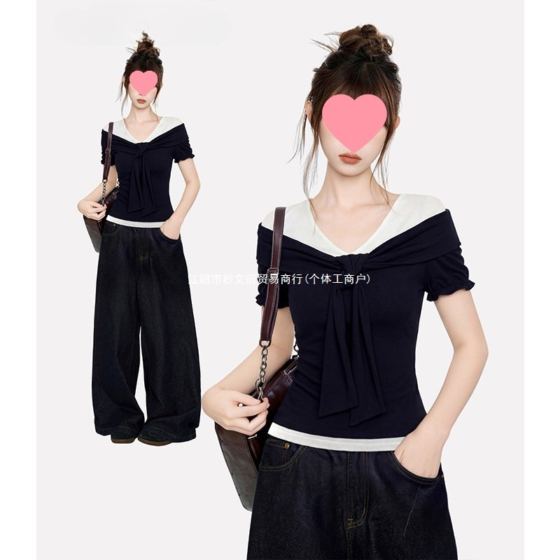 Navy Blue V-Neck Faux Two-Piece Short-Sleeve T-Shirt for Women, Summer Design with Tie-Up Shawl, Slim-Fit Korean Style Top Navy Blue V-Neck Faux Two-Piece Short-Sleeve T-Shirt for Women, Summer Design with Tie-Up Shawl, Slim-Fit Korean Style Top