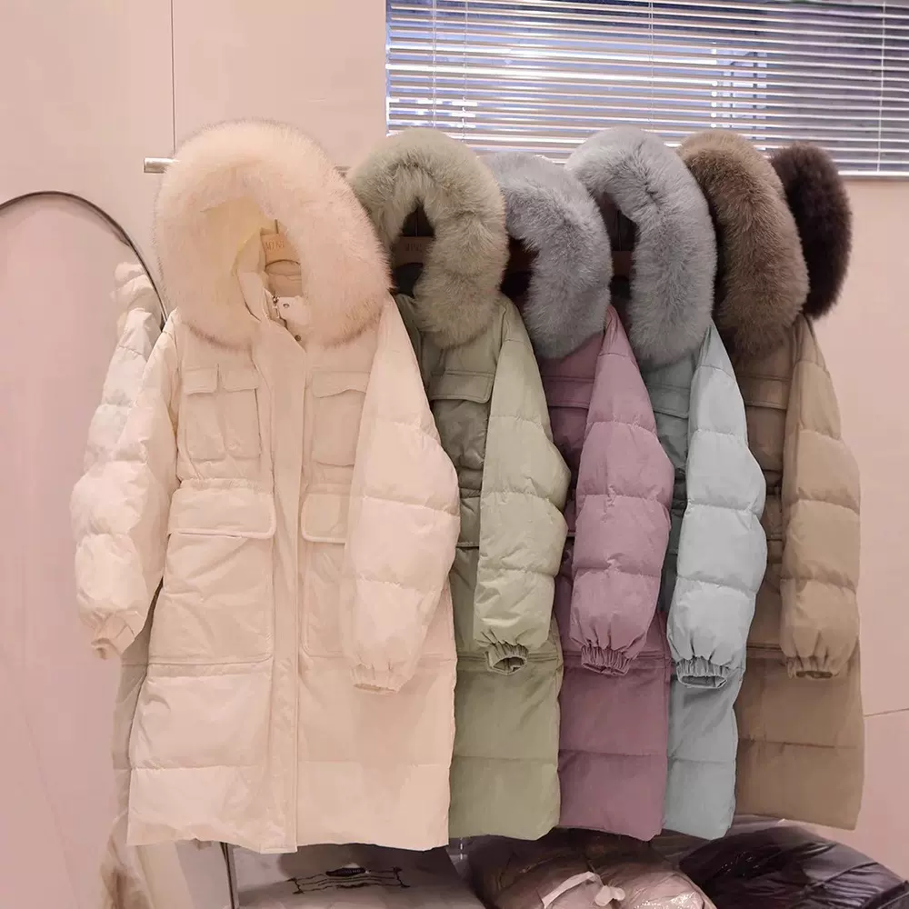 平湖白鸭绒羽绒服带毛领中长款冬季外套女十三行折扣女装尾货批发
