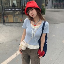 假两件短袖恤女夏季新款设计感蕾丝蝴蝶结短款上衣