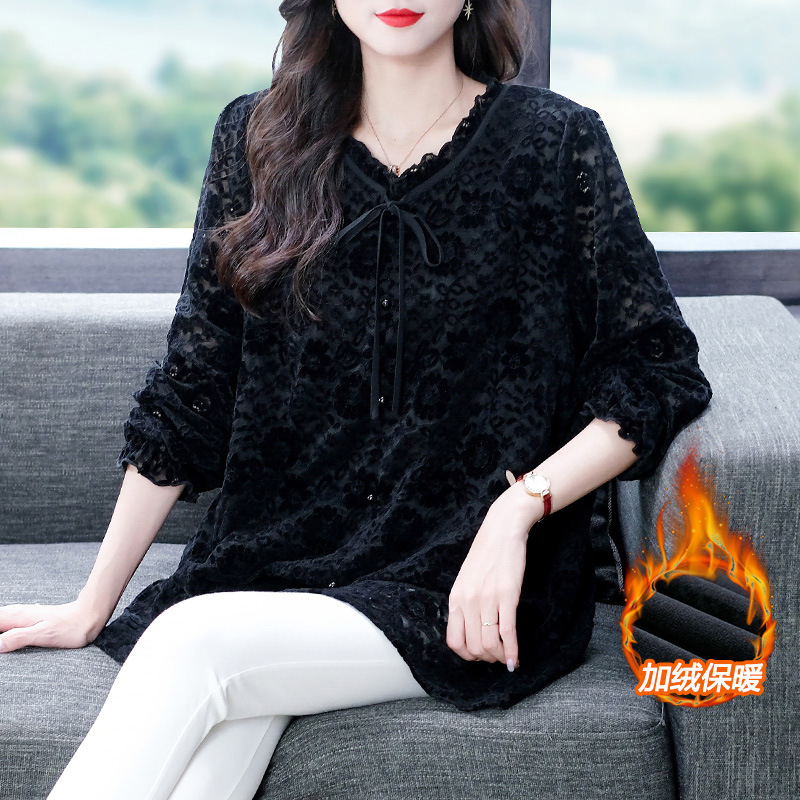 Spring and autumn new lace open sleeve long sleeve plus velvet large size loose base small shirt top mother middle-aged and elderly women's wear