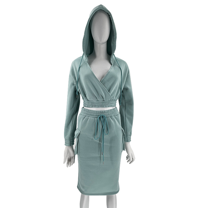Women's Skirt Suit V Neck Hooded Solid Colour Long Sleeve Set_voghion.com