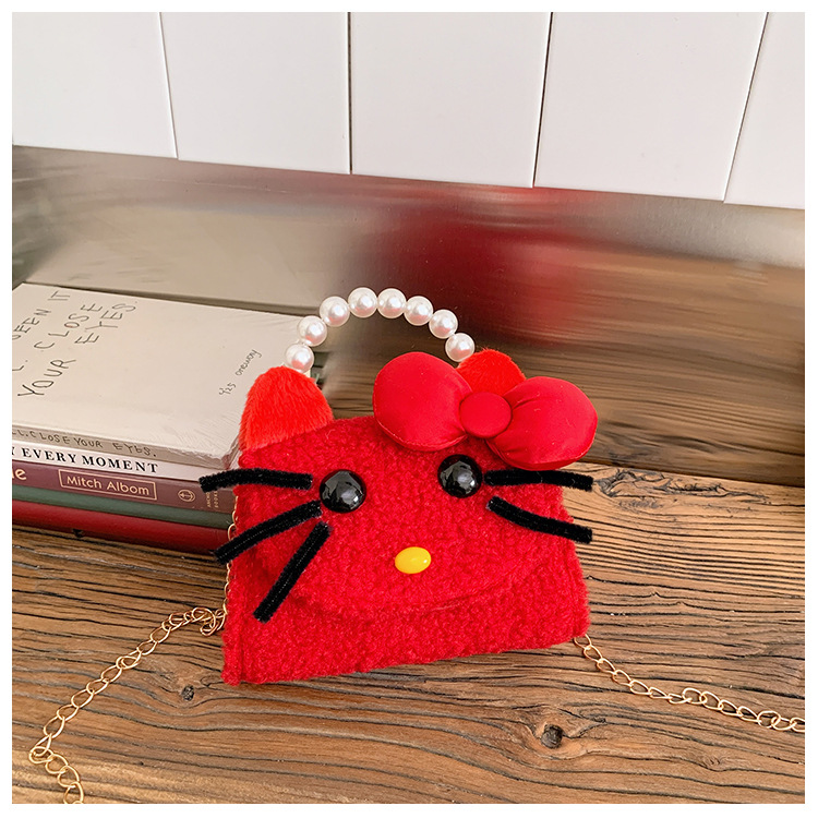 Caricatura lindo gatito niña bolsa de hombro bolsa de perlas de peluche otoño invierno 2026 nuevo accesorios para niños bolsa
