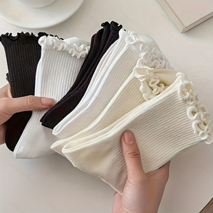 Women's Mid-Calf Socks for Spring and Autumn, Cotton, Sexy Ruffled Lace, Ins Japanese Style Versatile Slouch Socks for Autumn and Winter, Jk Style Women's Socks