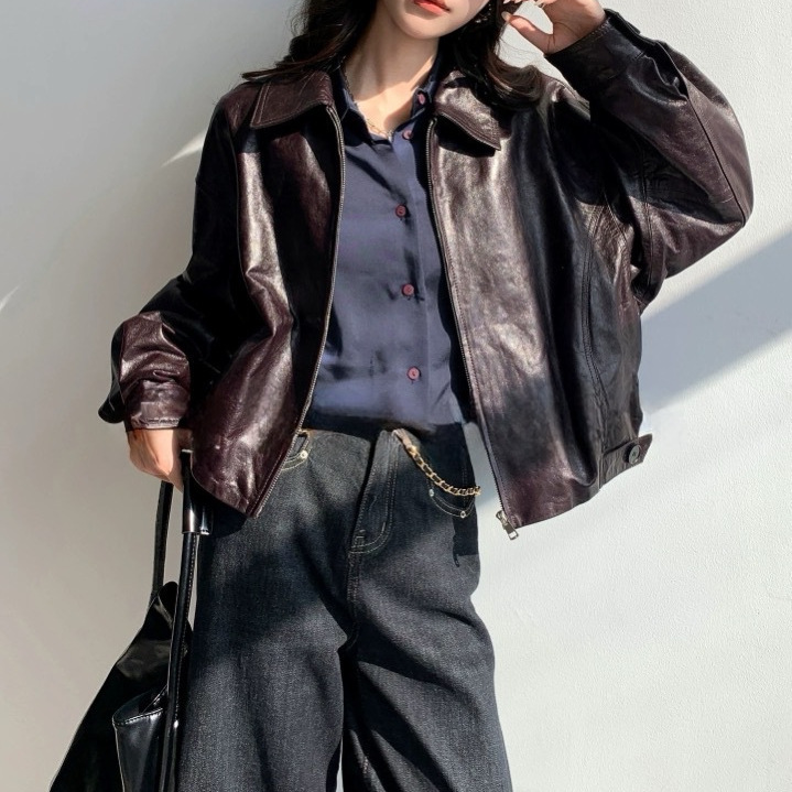 Genuine Leather Jacket for Women 2025 Autumn New Sheepskin Oil Wax Leather Jacket Short Cool Lapel Fashion Jacket