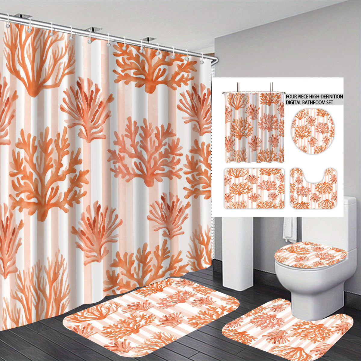 Temu cortina de baño impermeable personalizada serie de elementos marinos 3D impresión poliéster cortina de baño de cuatro piezas fábrica image 19