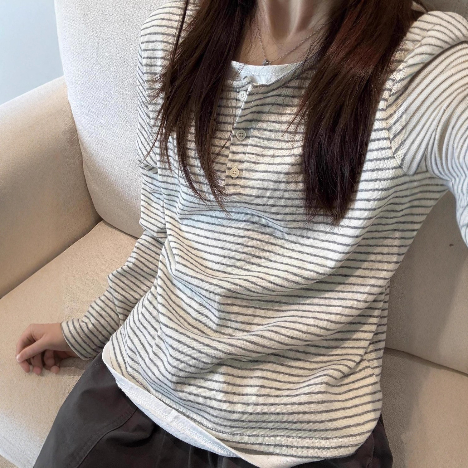 Korean Style Versatile Striped Faux Two-Piece Top for Women, New Autumn and Winter Slim-Fit Flattering Base Shirt