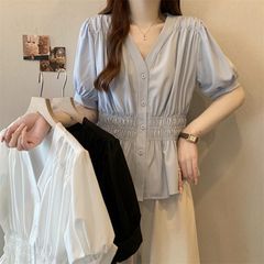 プラスサイズの女性の夏のシャツ女性のための 2025 新しい半袖無地トップス女性のウエスト痩身太った女の子