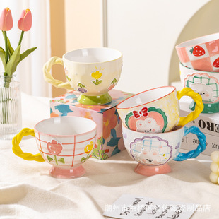 Ceramic Hand-Painted Breakfast Cup Cartoon Mug Large Capacity Oatmeal Cup Cute Creative Milk Coffee Cup Drinking Cup