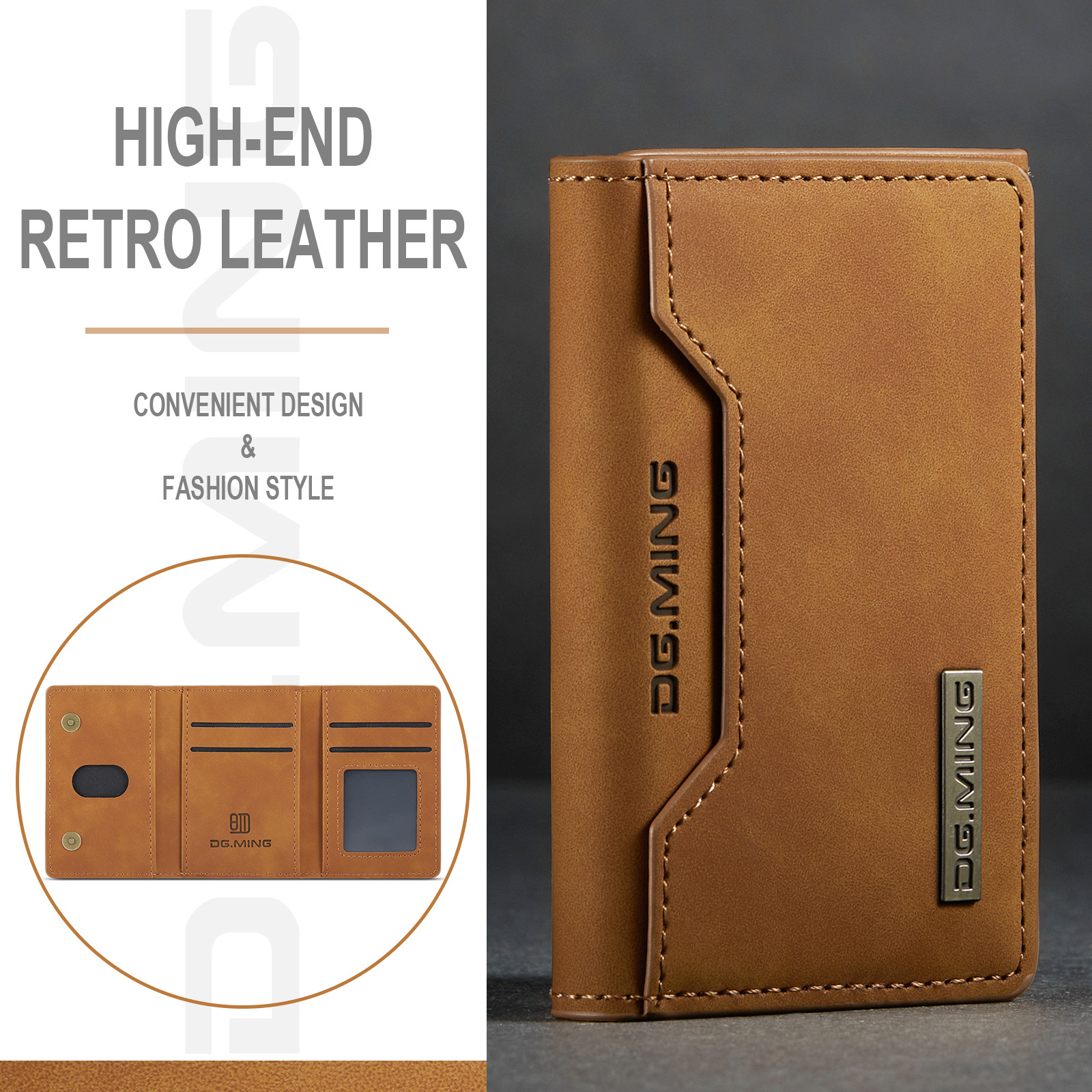DG.MING Brown Retro Tri-Fold Card Holder, Multi-Card Slot ID Holder, Pocket Money Clip, Magnetic Card Case