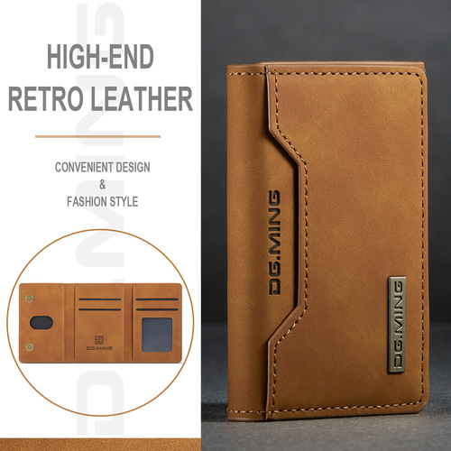 DG.MING Brown Retro Tri-Fold Card Holder, Multi-Card Slot ID Holder, Pocket Money Clip, Magnetic Card Case
