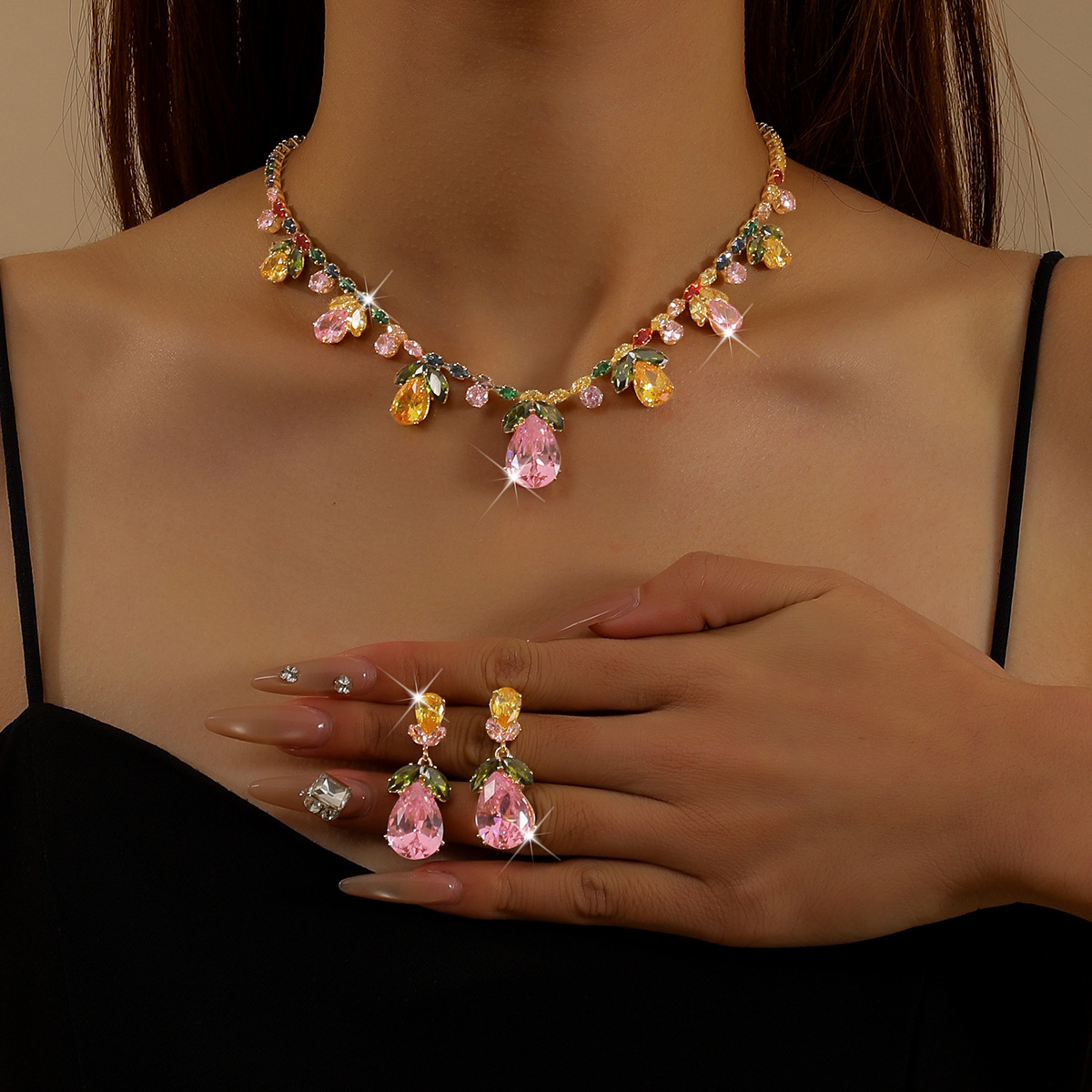 Collar de color de la industria pesada amazona orejas joyas set de moda de lujo vestido de novia cena joyas de zircon mujer image 5