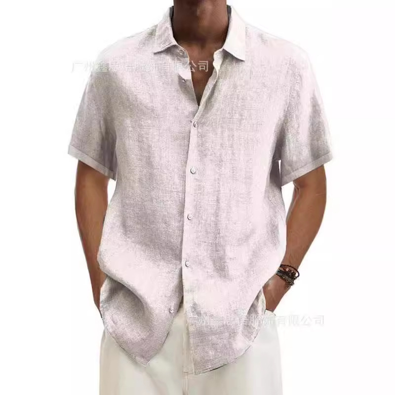 Camisa de Hombre Moderna de Verano 2025, Plataforma Independiente Wish, Éxito de Ventas en Amazon, Cuello en V, Botones, Algodón y Lino, Color Sólido