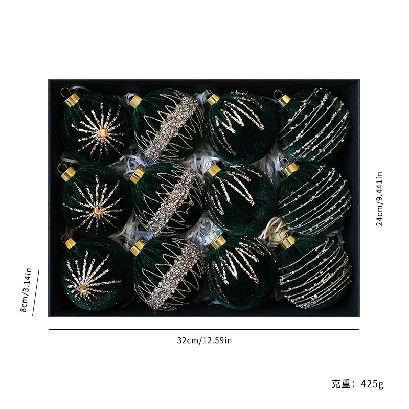 8CM/12PCS闪钻丝绒包布圣诞球套装 diy圣诞树装饰球橱窗挂饰现货|undefined