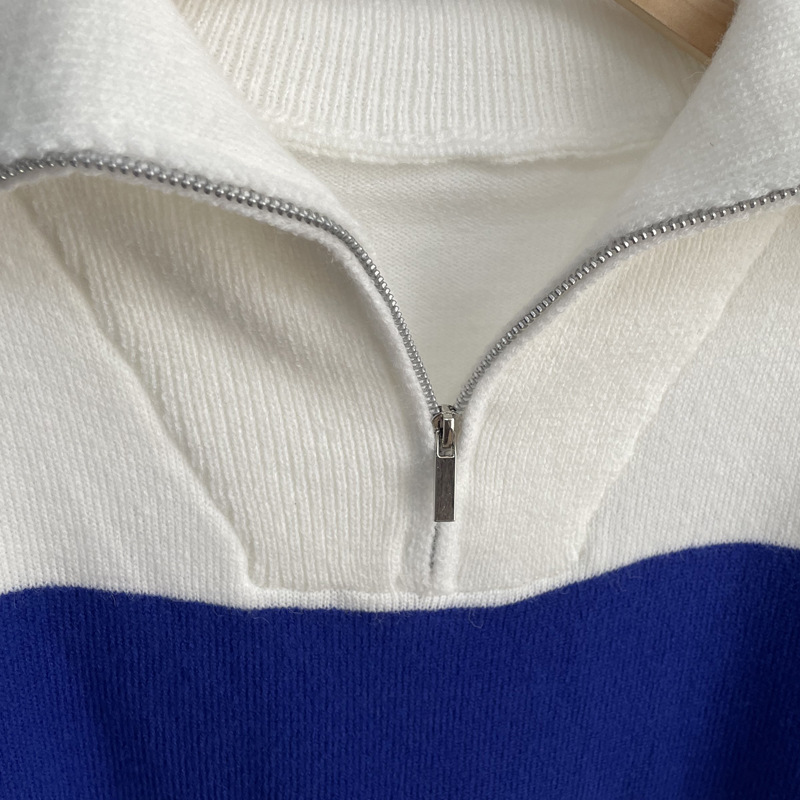Long Zipper Pullover Women Loose Soft Knitted Long Sleeved Dress Color Contrast Patchwork Top Women