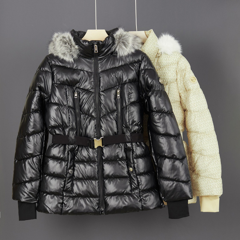 2026 Women's Regular Style Lace-Up Waist Cinch Full Letter Print Detachable Hat Fur Collar Windproof Sleeves Padded Cotton Jacket