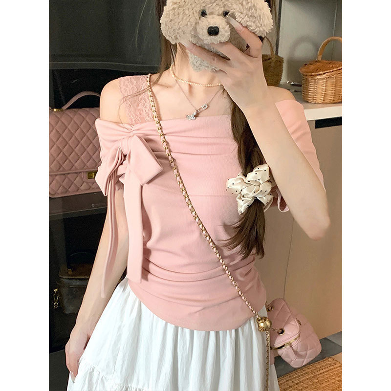 Morning Collar Large Size Fat mm Pure Desire Lace Splicing Bow One-Shoulder Short-Sleeved T-Shirt Women's Summer Sweet Style Top
