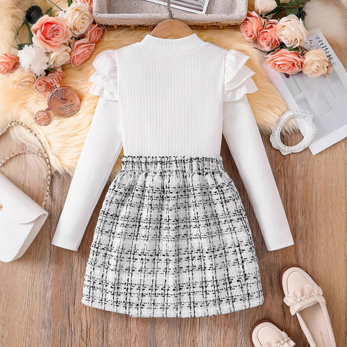 Duo Duo Spring Children's Fragrance Girl Dress with Flying Sleeve Long Sleeve Knit Irregular Semi-Skirt