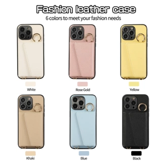 外贸适用iPhone17荔枝纹指环扣插卡卡包三星S25U镜子斜挎皮套