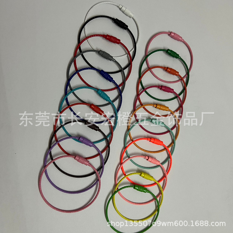 彩色烤漆不锈钢钢丝绳钢丝圈少女心创意钥匙圈带纽扣旋转钥匙扣